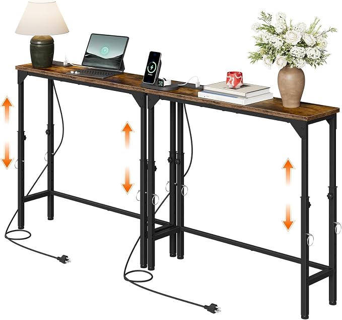 CHOEZON 59.1" Narrow Console Table with Adjustable Height (21.1"-29.9"), Set of 2, Behind Couch Table, Entryway Table with Power Outlet, Sofa Table for Entryway, Rustic Brown and Black TXG10UP2BF