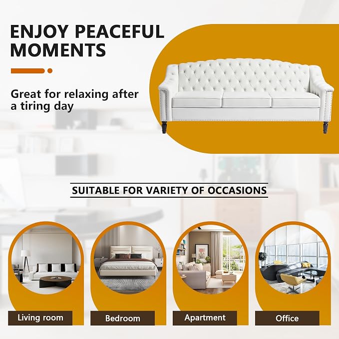 LEVNARY Mid-Century Modern Velvet Sofa, 80" Large Upholstered Sofa with High Back, Chesterfield Couch Sleeper Settee with Solid Wood Legs, Tufted 3 Seater Wide Couches for Living Room Office (White)