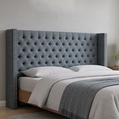 Madison Park Queen Wingback Upholstered Tufted Headboard, Featuring High-Density Sponge Padding, Adjustable Height Headboard, Easy Assembly, Dark Grey Woven