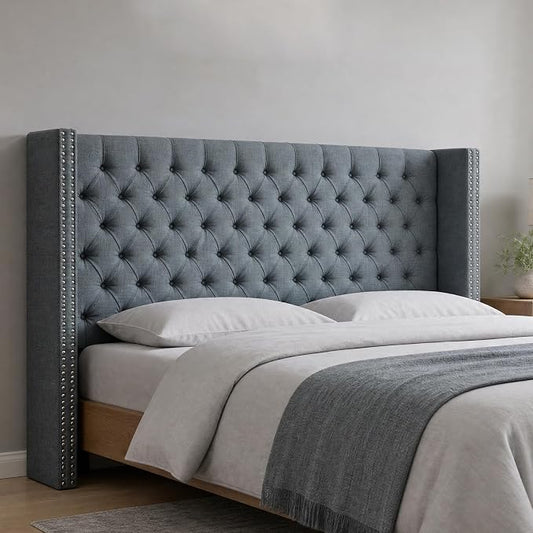 Madison Park Queen Wingback Upholstered Tufted Headboard, Featuring High-Density Sponge Padding, Adjustable Height Headboard, Easy Assembly, Dark Grey Woven