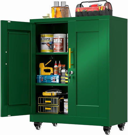 GAIOUS Metal Storage Cabinet with Lock and Wheels, Steel Office Cabinet with 2 Door and 2 Adjustable Shelves, 35” Tall Lockable File Cabinet, Garage Cabinet, Rolling Cabinet for Home Office - Green