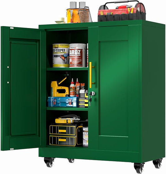GAIOUS Metal Storage Cabinet with Lock and Wheels, Steel Office Cabinet with 2 Door and 2 Adjustable Shelves, 35” Tall Lockable File Cabinet, Garage Cabinet, Rolling Cabinet for Home Office - Green