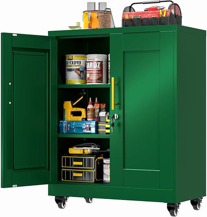 GAIOUS Metal Storage Cabinet with Lock and Wheels, Steel Tool Cabinet | with 2 Door and 2 Adjustable Shelves, 35” Tall Lockable File Cabinet, Garage Cabinet, Rolling Cabinet for Home Office - Green