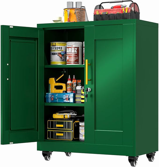 GAIOUS Metal Storage Cabinet with Lock and Wheels, Steel Tool Cabinet | with 2 Door and 2 Adjustable Shelves, 35” Tall Lockable File Cabinet, Garage Cabinet, Rolling Cabinet for Home Office - Green