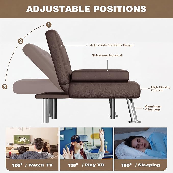 Homall Futon Sofa Bed, Leather Futon Couch with Removable Armrests, Adjustable Recliner Sleeper Sofa Bed with Dual Cup Holders for Living Room, Apartment, Office (Brown)