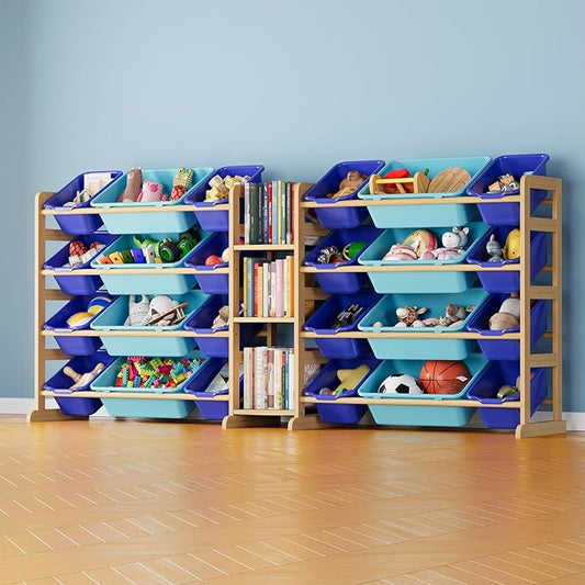 SpaceAid Large Toy Storage Organizer with 24 Bins and 3 Shelves, Toy Organizers Storage Bookshelf, Kids Bin Shelf Box Bookcase for Bedroom Playroom Organization Room Decor, Blue and Navy Blue