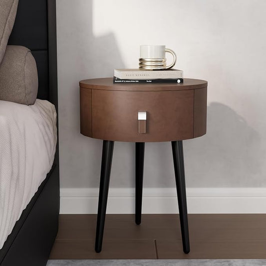 Round Nightstand Set of 2 with Single Drawer, Modern Bedside Table with Metal Legs for Bedroom, Leather Side Table, Small Accent End Table, Brown