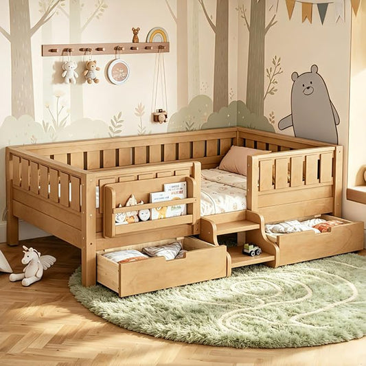 Bellemave Twin Bed with Storage Drawers & Bookshelf, Low Profile Kids Bed Frame with Staircase & Full Length Guardrails, Solid Wood Twin Bed for Kids with Slats Load 300LBS, Easy Assembly, Natural