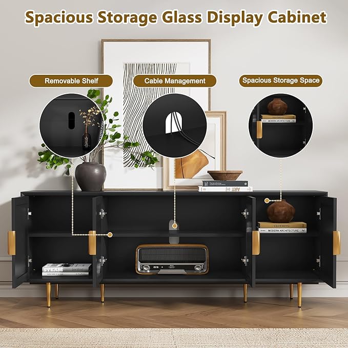 66" TV Stand for 75 Inch TV, Minimalist Media Console with Adjustable Shelves, Modern Entertainment Center with Storage for Living Room Bedroom, Black