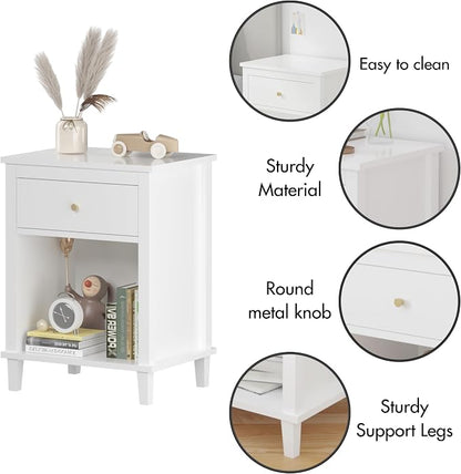 Nightstand with Drawer, 26.77''H Wooden Nightstand with Drawer & Open Storage Shelf, Modern Bedside Table for Kids, End Table for Living Room Bedroom, White