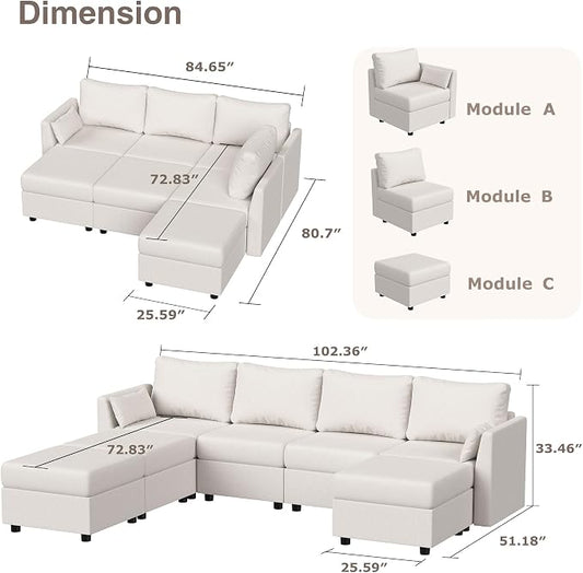 Huatean Home Modular Sectional Sofa, 7 Seat Modular Couch with Storage, Memory Foam, Convertible Sectional Couches for Living Room, L Shaped Comfy Modular Sofa with Chaise, Beige