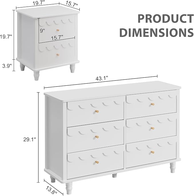 Anbuy Bedroom Sets 2 PCS White 6 Drawer Dresser and Night Stand Sets for Bedroom, Two Drawers Nightstand & Scalloped 6 Drawer Dresser Combo 2 Pieces (White)