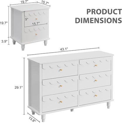 Anbuy Bedroom Sets 2 PCS White 6 Drawer Dresser and Night Stand Sets for Bedroom, Two Drawers Nightstand & Scalloped 6 Drawer Dresser Combo 2 Pieces (White)