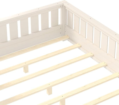 Bellemave Full Floor Bed with Slats and Rails, Full Size Montessori Floor Bed with Bookcase and Fence, Easy Assemble Montessori Beds for Girls, Boys, Beige Floor Beds