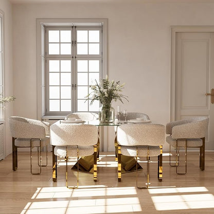 Boucle Dining Chairs, Off White Barrel Arm Chairs with U-Shaped Mirrored Gold Legs, Modern Side Chairs for Dining Table, Kitchen and Dining Room Restaurant Recepition,Set of 12