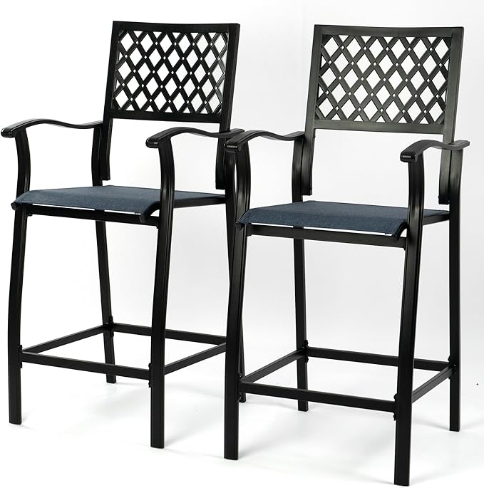 Kozyard Outdoor Counter Height Bar Stools Set of 2, Patio Bar Chairs with Wrought Iron Frame & Textilene Fabric, Outdoor Dining Chairs for Patio, Poolside, Backyard Navy Blue