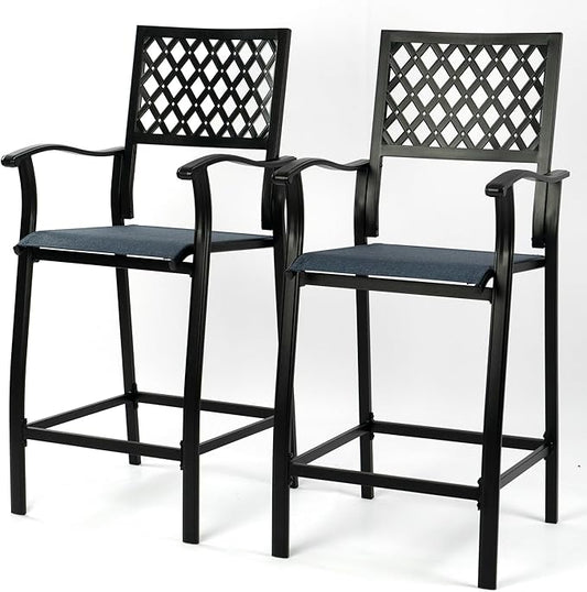Kozyard Outdoor Counter Height Bar Stools Set of 2, Patio Bar Chairs with Wrought Iron Frame & Textilene Fabric, Outdoor Dining Chairs for Patio, Poolside, Backyard Navy Blue