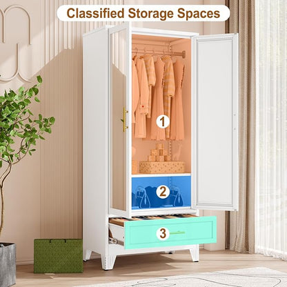 Metal Armoire Wardrobe Closet Storage Cabinet with Mirror White, 71'' Wardrobe Cabinet with Hanging Rod Metal Closet with Adjustable Shelf and Drawer for Bedroom, Laundry Room, Cloak Room