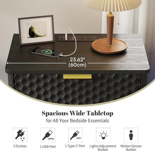 LVSOMT Smart Nightstand with Charging Station and LED Lights, 23.62" Wide Night Stand with 2 Drawers, Motion Sensor Motion-Activated Underlight, Honeycomb Bedside Table for Bedroom, Black