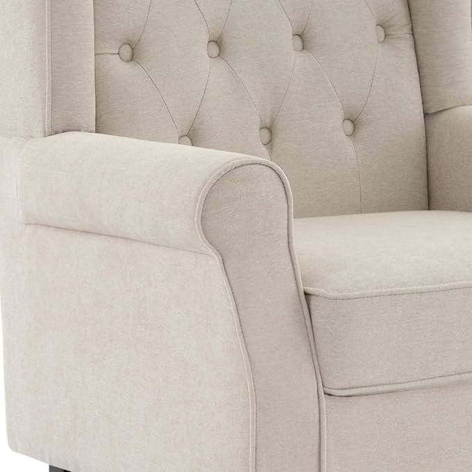 High Back Accent Chair, Fabric Upholstered Armchair Wingback Chair for Living Room, Comfy Bedroom Reading Seat with Solid Wood Legs, Beige