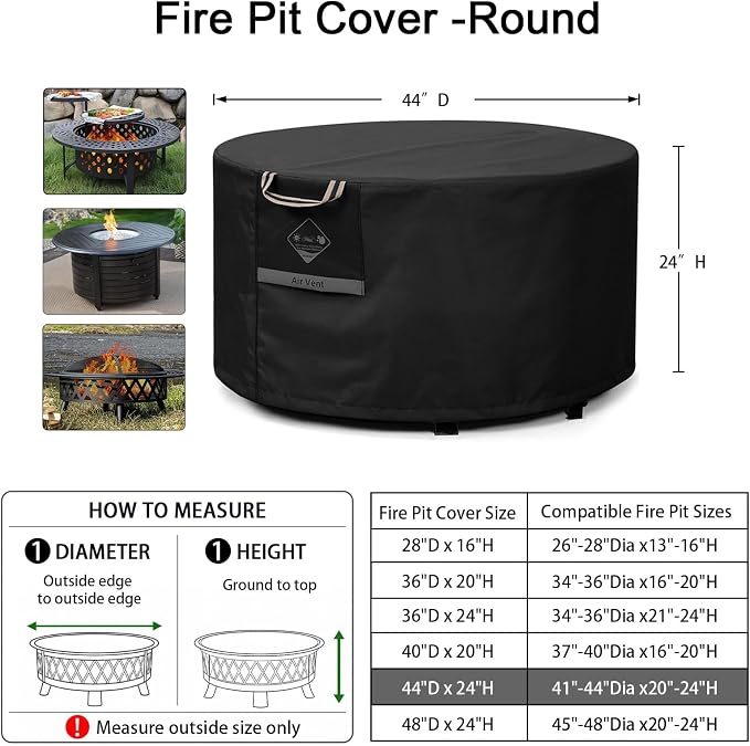 QH.HOME Fire Pit Cover Round Super Waterproof, 41"-44" D X 24" H Outdoor Round Firepit Cover 600D Strong Tear Resistant, UPF 50+ Fire Pit Covers Premium Fading Resistant for Outdoor Fire Pit - Black
