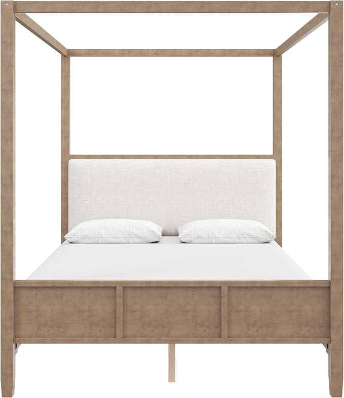 Merax King Size Canopy Bed with Upholstered Headboard, Wooden Platform Bed Frame with 4-Posters, Solid Wood Slat Support, No Box Spring Needed