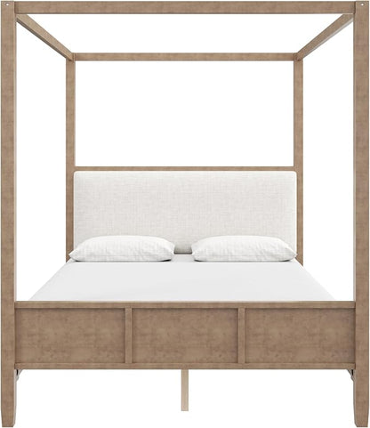 Merax King Size Canopy Bed with Upholstered Headboard, Wooden Platform Bed Frame with 4-Posters, Solid Wood Slat Support, No Box Spring Needed
