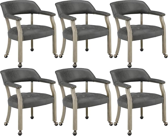 LEEMTORIG Set of 6 Dining Chairs with Casters and Arms, Rolling Dining Chairs with Wheels for Elderly, Ergonomic Wide Seat Wooden Office Desk Chair, 26"Dx25.2"W, Grey Legs&Dark Grey Fabric SY-1318-GY
