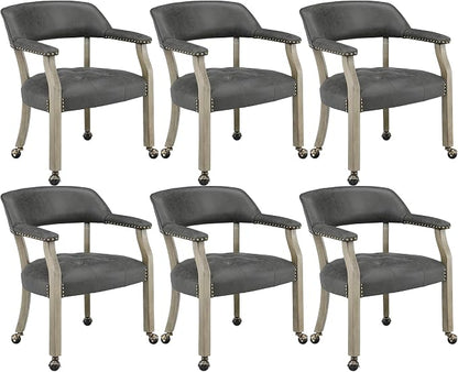 LEEMTORIG Set of 6 Dining Chairs with Casters and Arms, Rolling Dining Chairs with Wheels for Elderly, Ergonomic Wide Seat Wooden Office Desk Chair, 26"Dx25.2"W, Grey Legs&Dark Grey Fabric SY-1318-GY
