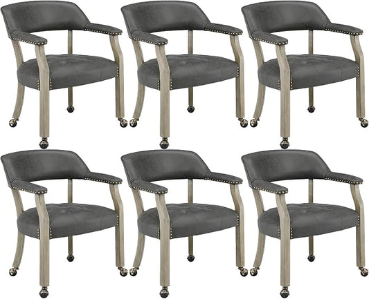 LEEMTORIG Set of 6 Dining Chairs with Casters and Arms, Rolling Dining Chairs with Wheels for Elderly, Ergonomic Wide Seat Wooden Office Desk Chair, 26"Dx25.2"W, Grey Legs&Dark Grey Fabric SY-1318-GY
