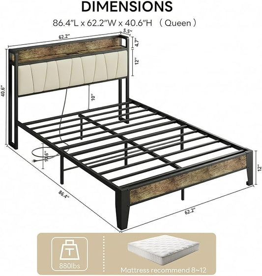 LIKIMIO Queen Bed Frame, Storage Headboard with Charging Station, Solid and Stable, Noise Free, No Box Spring Needed, Easy Assembly (Walnut and Beige)