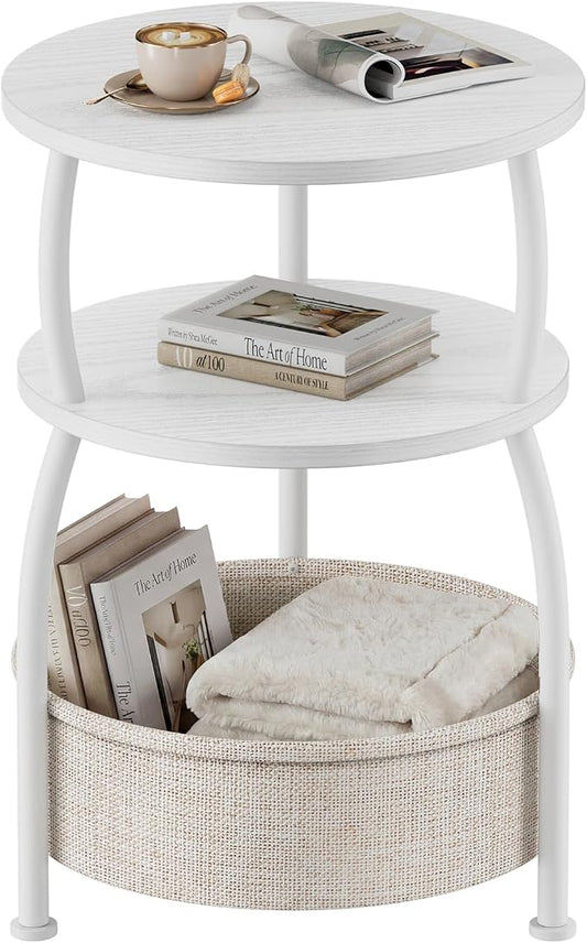 Round Side Table with Storage Basket, End Table Living Room, 15.7in | Side Tables Bedroom, 3-Tier Small End Table for Living Room, Garden, Corner Tables,Small spaces,Wooden, 24in Tall