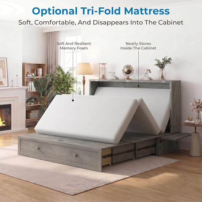Mjkone Queen Murphy Bed Cabinet with Tri-fold Mattress, Cabinet Bed with Built-in Charging Station, Storage Drawer, Solid Wood Cabinets Bed, Cube Murphy Chest Beds for Guest Room, Home, Office, Grey