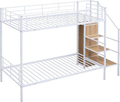 Bellemave Bunk Bed Twin Over Twin，Metal Bunk Bed with Storage Stairs and Wardrobe, Bunk beds for Adults/Kids/Teens, White