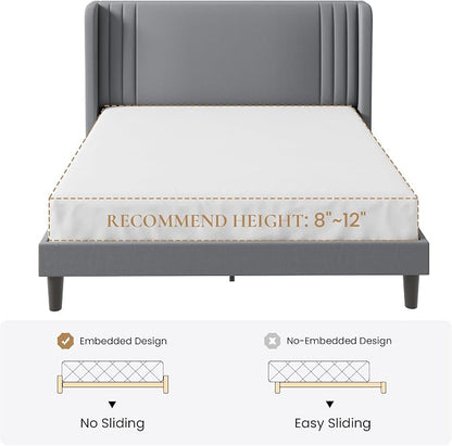 SHA CERLIN Queen Size Velvet Upholstered Platform Bed Frame with Vertical Channel Tufted Wingback Headboard, Wooden Slats Support, Easy Assembly, Under Bed Storage, No Box Spring Required, Grey