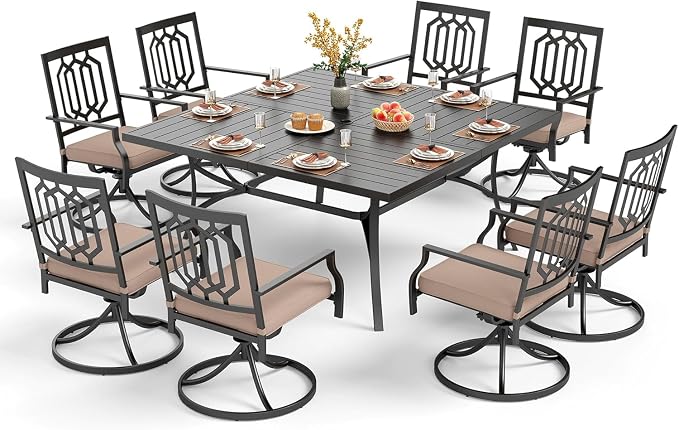 PHI VILLA 9 Pieces Outdoor Dining Set for 8, 57.5" Black Square Wrought Iron Table with Umbrella Hole & Swivel Metal Chairs with Cushions, Large Outside Furniture Set for Patio, Deck, Yard, Porch