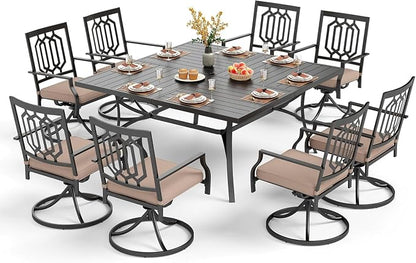 PHI VILLA 9 Pieces Outdoor Dining Set for 8, 57.5" Black Square Wrought Iron Table with Umbrella Hole & Swivel Metal Chairs with Cushions, Large Outside Furniture Set for Patio, Deck, Yard, Porch