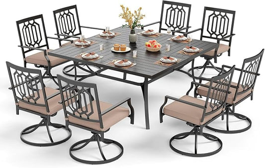 PHI VILLA 9 Pieces Outdoor Dining Set for 8, 57.5" Black Square Wrought Iron Table with Umbrella Hole & Swivel Metal Chairs with Cushions, Large Outside Furniture Set for Patio, Deck, Yard, Porch