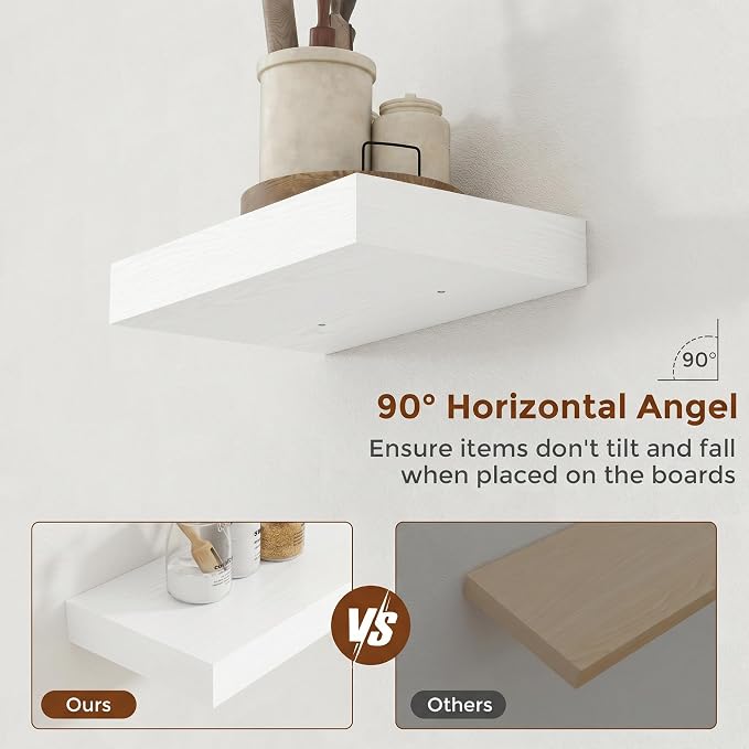 Heimlove 12 Inch Floating Shelves for Wall White Shelves Set of 2,Wall Mounted Rustic Wood 8 Inch Deep Floating Shelf with Invisible Brackets for Bedroom Kitchen Living Room