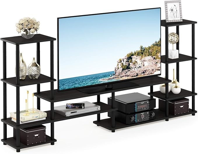 Furinno Turn-N-Tube TV Stand, Wide Open Frame Entertainment Center with Storage, TV Console with Tall Side Shelves for TV up to 48 Inch, for Living Room, Bedroom, Espresso
