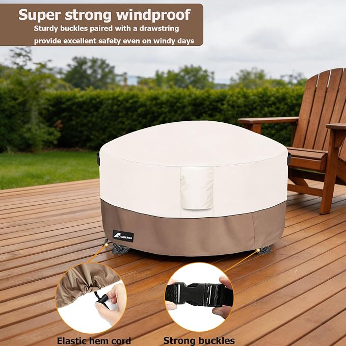 Fire Pit Cover Round 34 Inch Waterproof,Outdoor Heavy Duty Durable 600D Tear-Resistant Fire Pit Table Cover,Patio Round Firepit Cover 34" D x 15" H, Beige