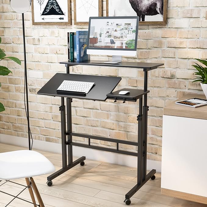 SogesHome 31.5 inches Adjustable Laptop Desk Table, Portable Computer Stand with Cart Tray and Computer Host Stand, Black