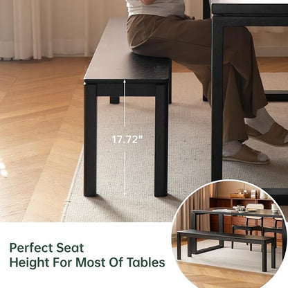 47.2'' 100% Solid Wood Dining Bench, Oak Wood Long Bench for Dining Table, End of Bed, Entryway, Hallway, Sofa Back, Suqare Bench for Dining Room Kitchen Bedroom Living Room, Black