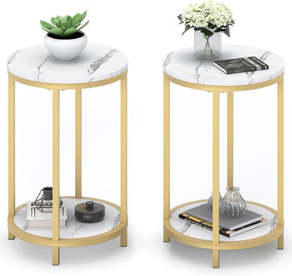 WiberWi Round Side Table Set of 2, Modern Nightstand End Table with Gold Metal Frame &Faux Marble Top, Accent Bedside Table for Living Room Bedroom Small Spaces with Storage Open Shelf,White