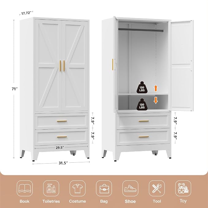 LCAOPC 71" Tall Metal Wardrobe Cabinet with 2 Drawers and Hanging Rod, 2 Doors Armoire Wardrobe Closet with Shelf for Bedroom, Office, Laundry Room, White