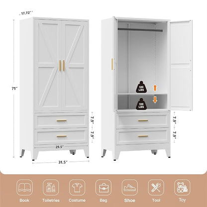 LCAOPC 71" Tall Metal Wardrobe Cabinet with 2 Drawers and Hanging Rod, 2 Doors Armoire Wardrobe Closet with Shelf for Bedroom, Office, Laundry Room, White