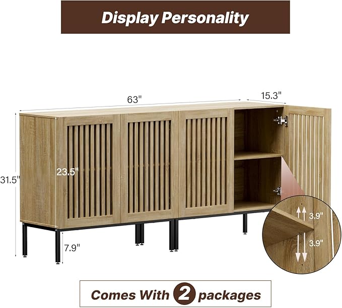 BVIUNTWO Buffet Cabinet with Storage,Set of 2 Farmhouse Console Table with Metal Base and Adjustable Shelf,Sideboard Coffee Bar Cabinet with 4 Doors for Kitchen,Dining Room,Living Room,Oak