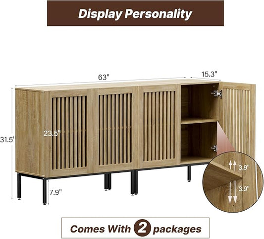 BVIUNTWO Buffet Cabinet with Storage,Set of 2 Farmhouse Console Table with Metal Base and Adjustable Shelf,Sideboard Coffee Bar Cabinet with 4 Doors for Kitchen,Dining Room,Living Room,Oak