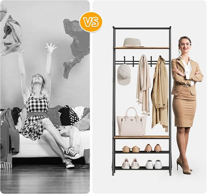 Jojoka Coat Rack Hall Tree with Shoe Storage Bench, 4-in-1 Entryway Organizer with 10 Hooks & 3-Tier Shoe Rack, Sturdy Metal Frame Freestanding Storage Unit for Hallway, Front Door & Mudroom