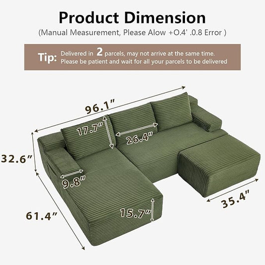 96" Cloud Sectional Couch U-Shaped Chaise with Ottoman, Corduroy Boneless Couch for Living Room Bedroom, Deep-Seat Upholstered Modular Cloud Sofa, No Assembly Required (Green, Left Facing Chaise)